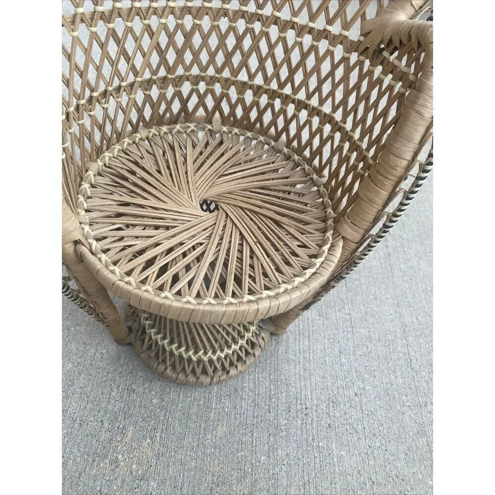 Vintage Wicker Rattan Doll Chair 16” Boho Decor Peacock Plant Stand Fan Back